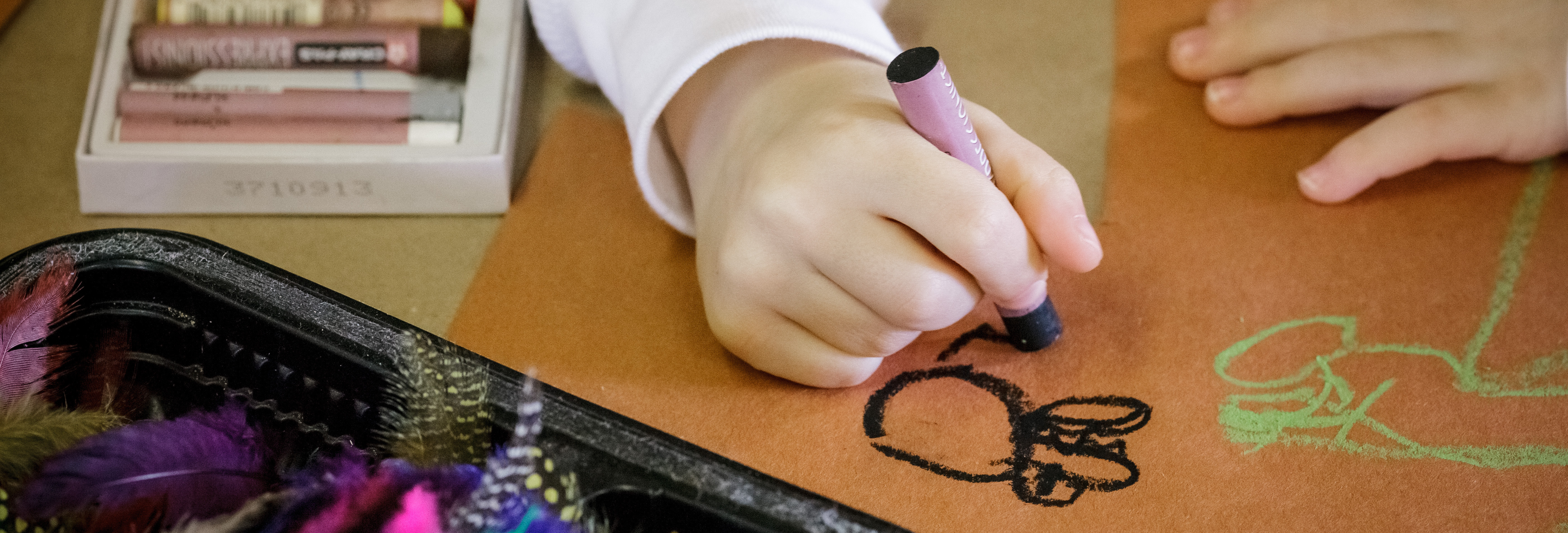 Close up image of a child's hand as they use an oil pastel to color on brown paper. There is a container of oil pastels to the left and a container of feathers in the foreground.