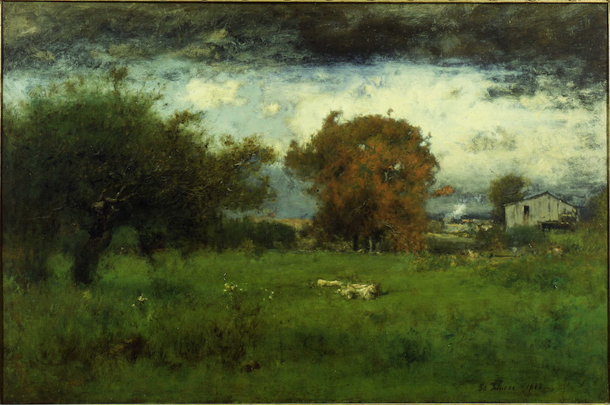 Goerge Inness' "Early Autumn in Montclair" painting depicting a grassy field with trees in the background, one of which is beginning to turn orange, and a house further back on the right.