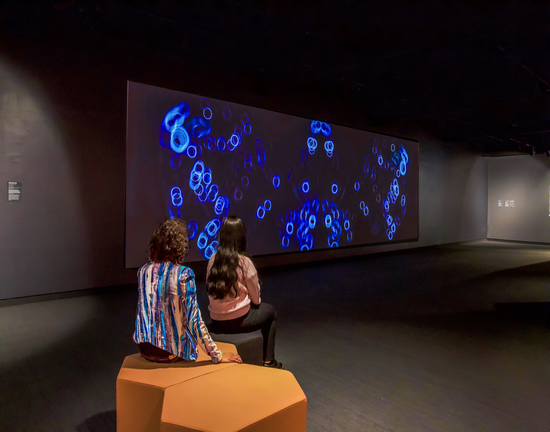Two visitors facing away from the camera sitting on a bench watching the large, horizontally-oriented film being projected in a wall in an otherwise dark, empty gallery.
