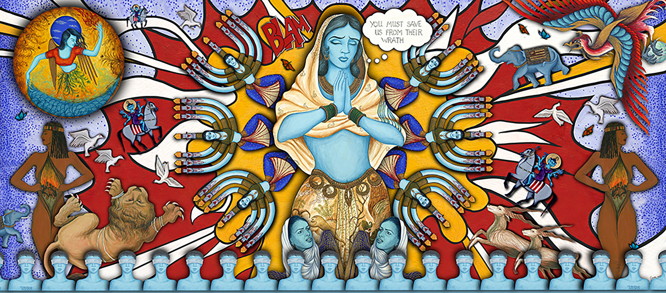 Siona Benjamin, "Lilith in the New World", 2023, 13 x 34 ft. banner in progress, image courtesy of the artist.