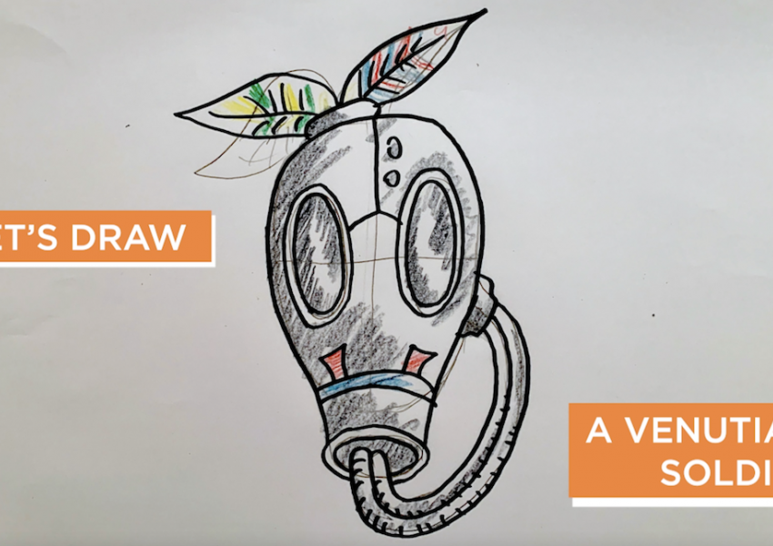 A screen shot from the cyber studio video that says "Let's draw a venutian soldier."