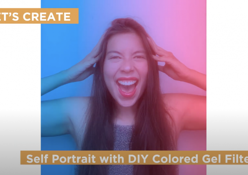 A screen shot from the self portrait video with text that says "let's create a self portrait with DIY colored gel filters."