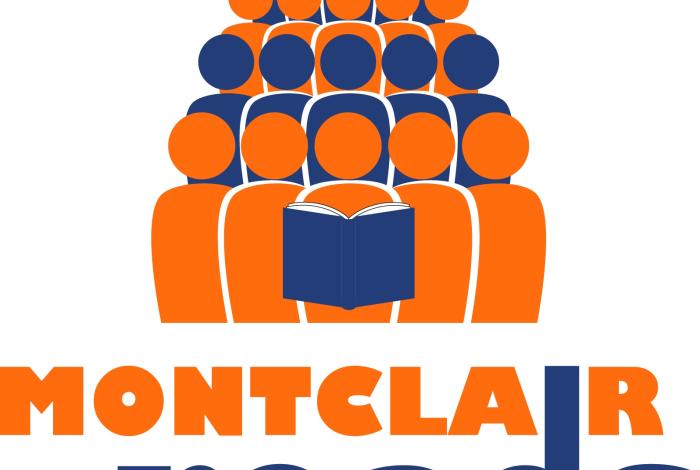 Montclair Reads Logo (blue and orange rows of graphic style people outlines with a blue book)