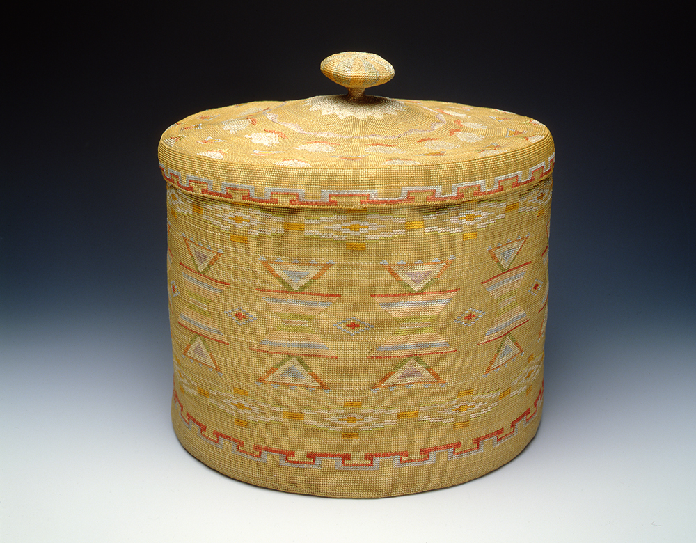 Artist Once Known (Unangax̂). Basket with lid, late 19th c. Rye grass, silk thread. 11 1/2 x 11 1/2 in. Gift of Mrs. Henry Lang in memory of her mother, Mrs. Jasper R. Rand, 1931.60A-B.