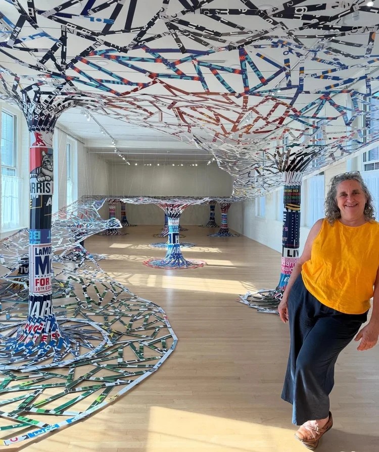 Kate Dodd with her site-specific installation Omnipresent, 2025, Jane St. Art Center, Saugerties, NY