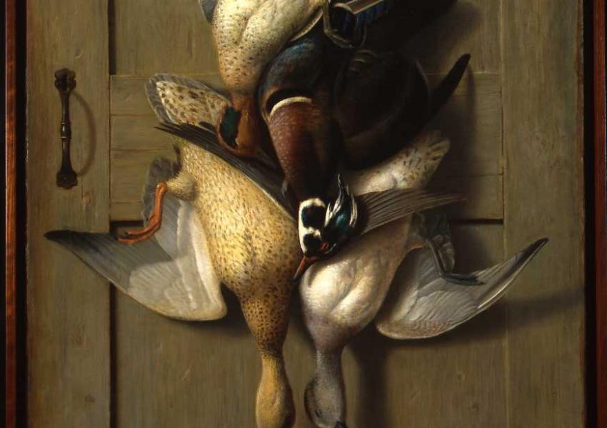 Image of Goodwin's painting of three hunted birds hanging on a nail in a door.