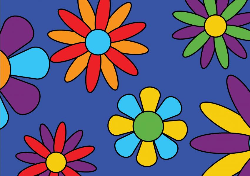 Rainbow flower illustrations on a purple background