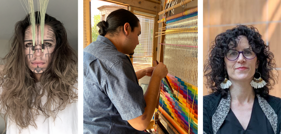 headshot of artist Eric-Paul Riege on left, Venancio Aragon weaving in middle, and Curator of Native American Art, Laura Allen on right.