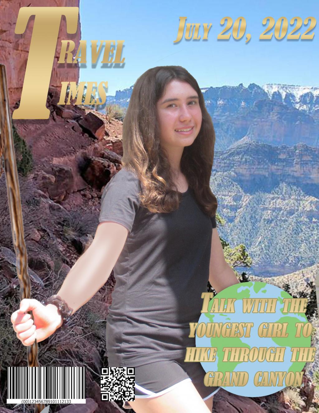 An example of student work: a magazine cover featuring the youngest girl ever to hike the grand canyon.
