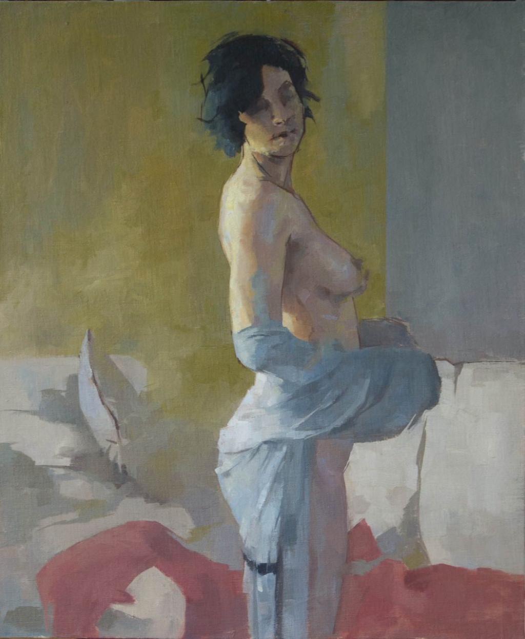 A painting by Julian Tejera of a woman whose robe has fallen down around her waist.