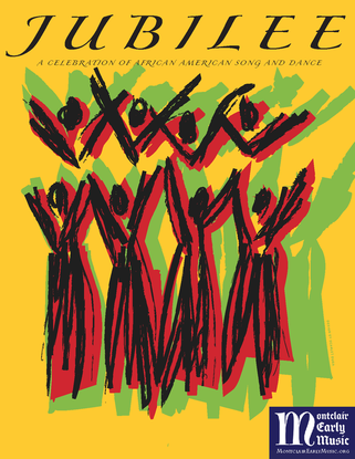 Graphic poster of sketched abstract human figures in black, red, and green on a yellow background with title "jubilee" at top. 