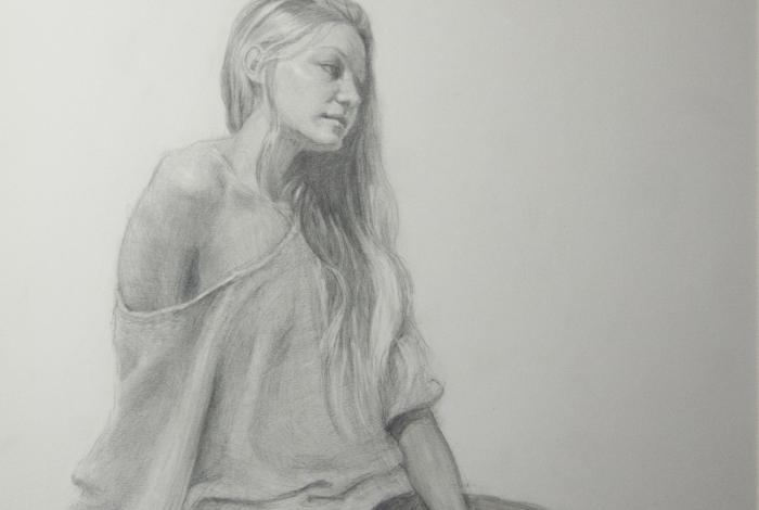 A pencil drawing of a woman leaning on a desk.