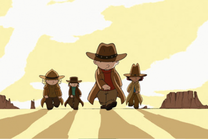 A wild-west-style animation of four children in cowboy hats walking through the desert.