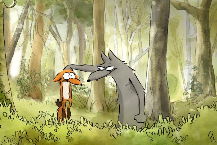 Still picture taken from the animated, french children's movie, The Big Bad Fox and other tales. A wolf is holding up a fox by the nape of its neck.
