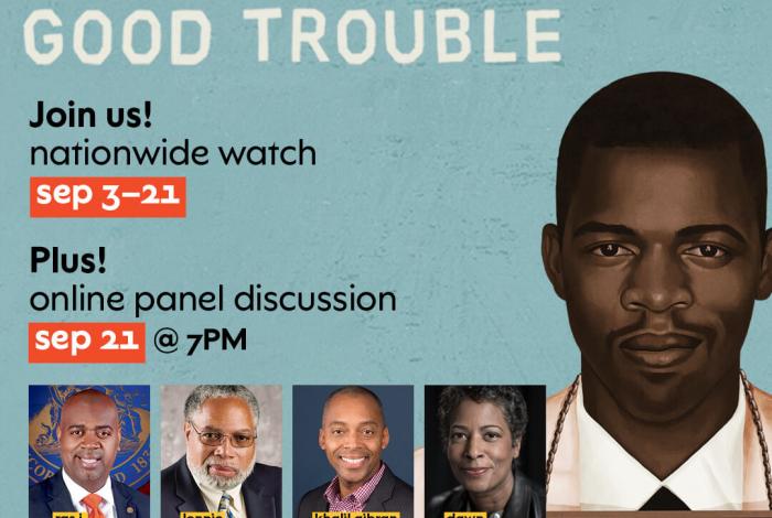 press image of good trouble with headshots of panel participants and text: join us! nationwide watch september 3–22. Plus! online panel discussion septwmbwe 21 at 7 p.m.