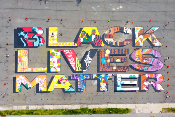 A from-above image of the Black Lives Matter mural at the makers village.