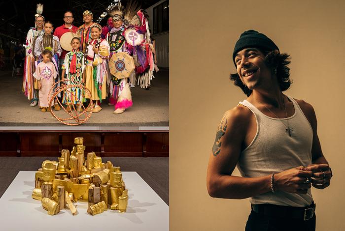 Promotional photos for the Red Blanket Singers, Nicholas Galanin's "I Think it Goes Like This (Gold)", and Mato Wayuhi